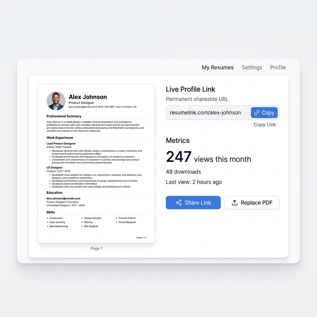 ResumeLink dashboard — live resume profile with permanent link, view analytics, replace PDF button